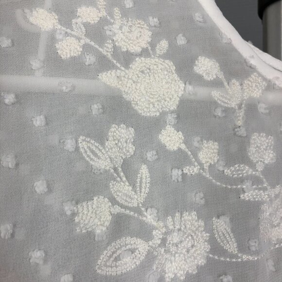 BLUE RAIN  White Emboridered Textured  Flowy Lightly Sheer S/S Blouse‎ Sz L - Picture 5 of 9